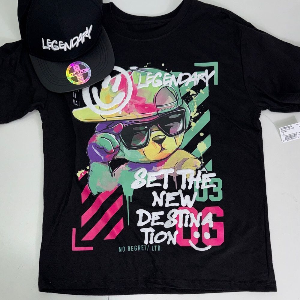 Legendary Black Kids Graphic Tee with Bear Design & hat Sz Large 10-12 NWT